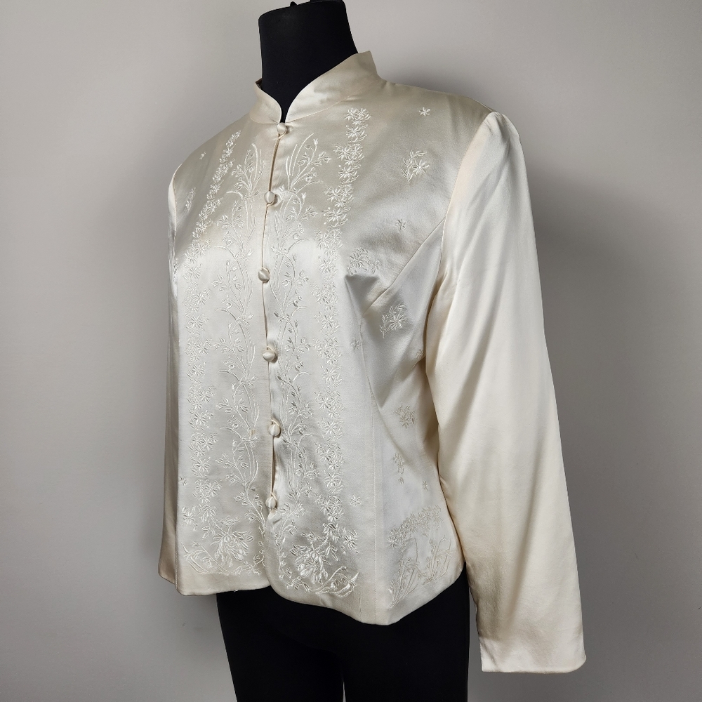 Talbots Ivory Satin Embroidered Mandarin Collar Blouse